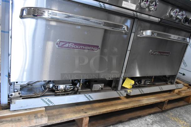 BRAND NEW Southbend 4601DD, stainless steel, 10-burner range with 2 ovens, natural gas, visible Southbend logo and controls.