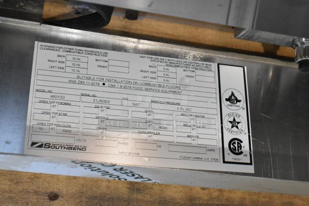 Label on Southbend 4601DD commercial gas range, showing compliance and installation details. Brand new, 10-burner, 2 ovens.