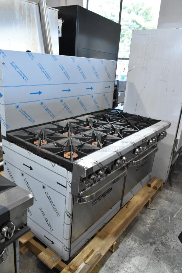 Brand new 2021 Southbend 4601DD stainless steel commercial 10-burner natural gas range with 2 ovens, protective wrapping.