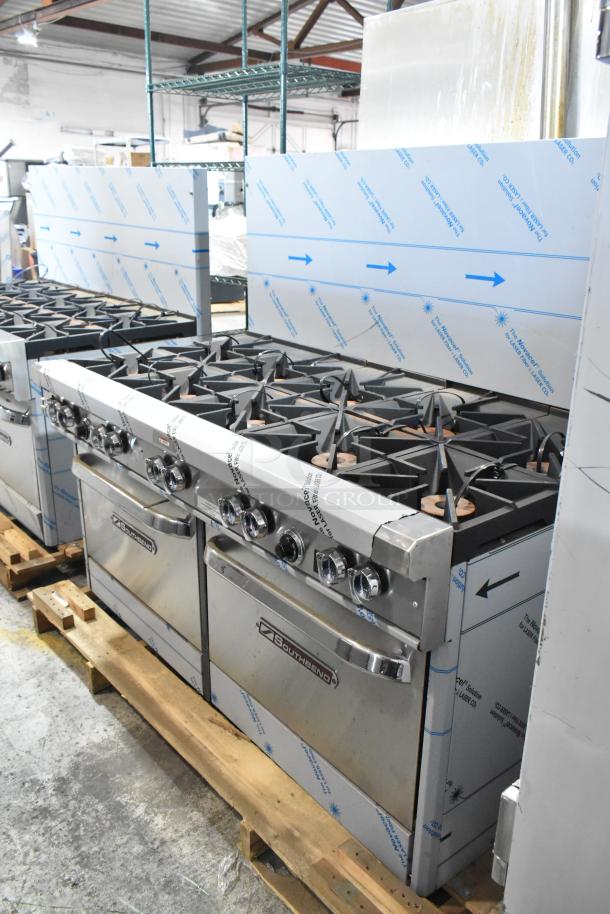 Brand new Southbend 4601DD stainless steel 10-burner range with 2 ovens, natural gas powered, featuring a backsplash.