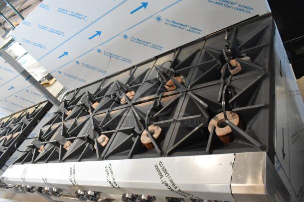 Brand new Southbend 4601DD stainless steel commercial natural gas 10 burner range with 2 ovens and backsplash.