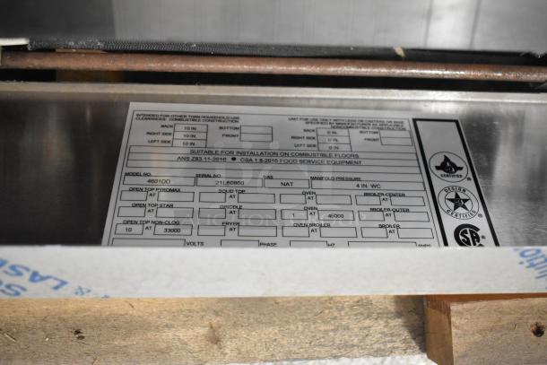 Label on 2021 Southbend 4601DD commercial 10-burner range, indicating natural gas, model, and certification details.