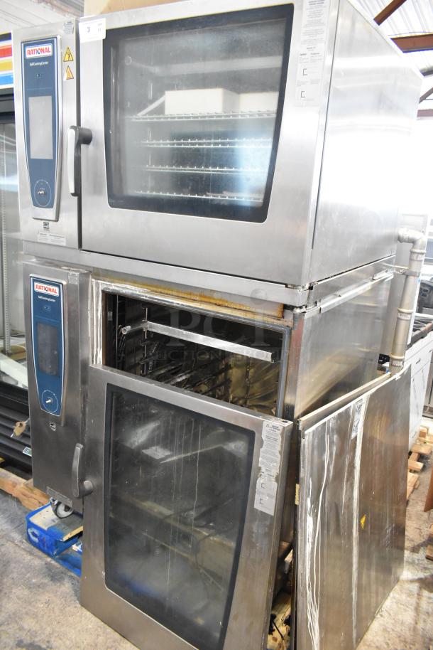 Two 2019 Rational SCCWE62/SCCWE102 stainless steel convection ovens, electric-powered, 480V, 3-phase.