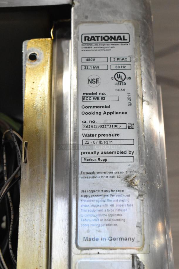 Rational SCCWE62 label showing model, 480V, 22.1 kW, NSF and UL listed. Made in Germany.