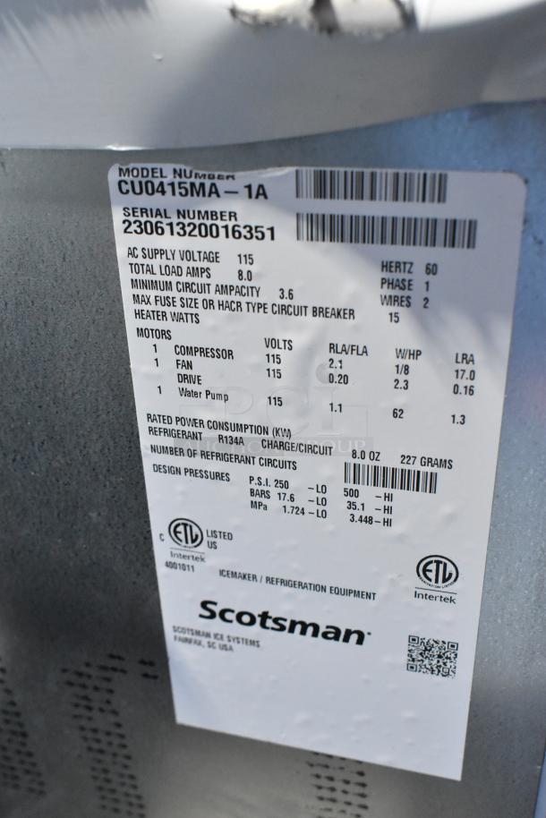 BRAND NEW 2023 Scotsman CU0415MA-1A Ice Machine, stainless steel, 58 lb. capacity, 115V, 1 phase, scratch and dent. Model label shown.
