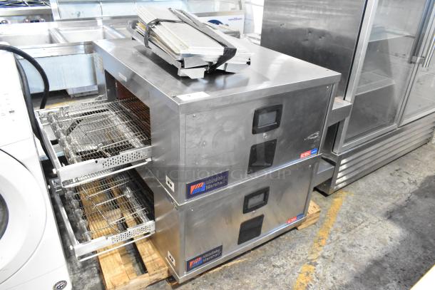 Two 2023 Middleby Marshall CTX DZ33T stainless steel conveyor pizza ovens on casters, 208V, 3/1 phase.