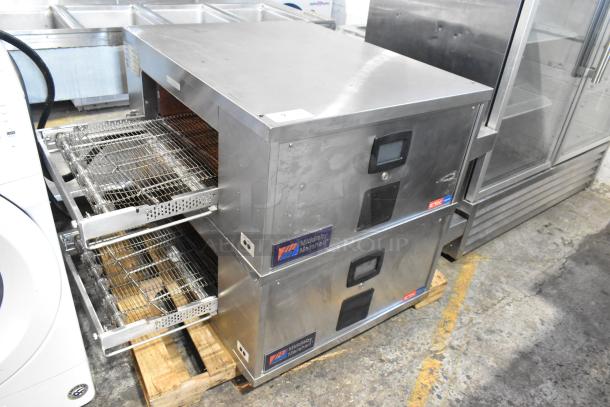 Two 2023 Middleby Marshall CTX DZ33T stainless steel conveyor pizza ovens, electric, on casters, 208V, 3/1 phase.