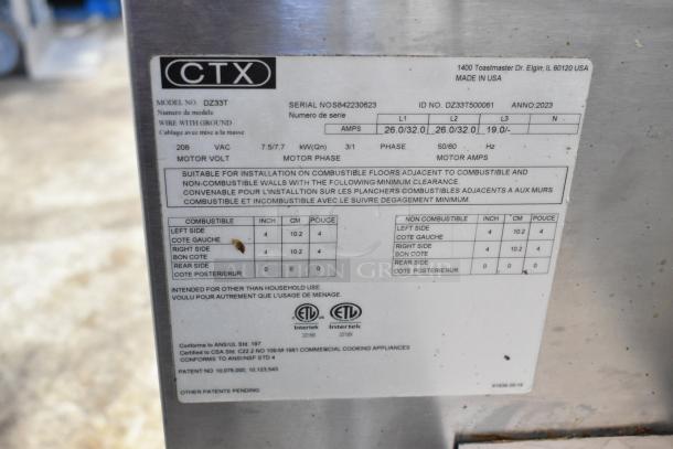 2 Middleby Marshall CTX DZ33T conveyor pizza ovens, stainless steel, commercial casters, 208V, 3/1 Phase, made in 2023. ETL certified.