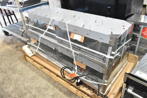Brand new Hatco GRHD-4PD stainless steel countertop heated display case, 58.5", 120/208V, with protective wrapping.