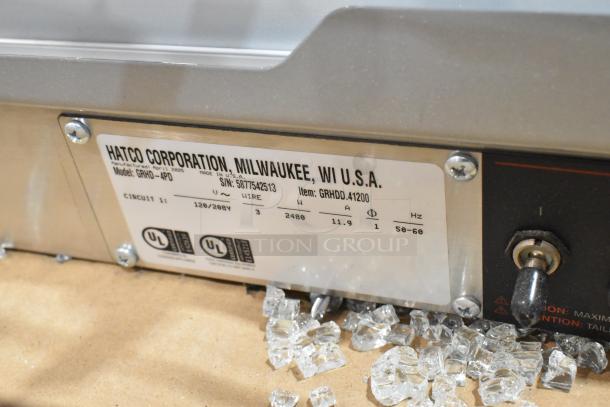 Hatco GRHD-4PD stainless steel heated display case label showing model, volts, and UL certifications.