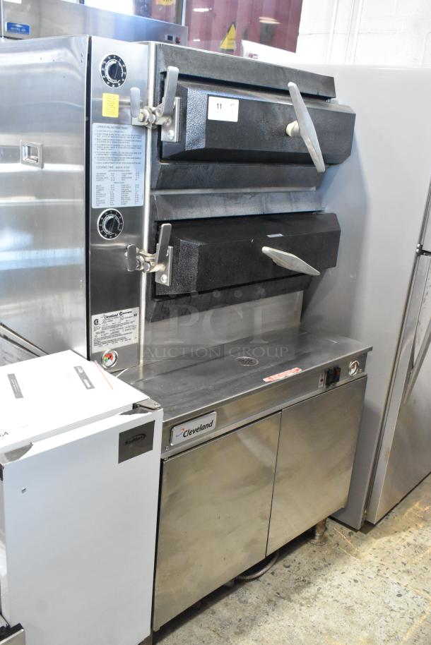 Cleveland PGM3002 stainless steel 2-deck propane steam cabinet; commercial use, visible labels, floor model.