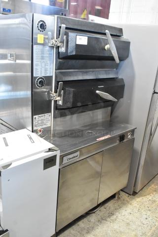 Cleveland PGM3002 stainless steel 2-deck propane steam cabinet; commercial use, visible labels, floor model.