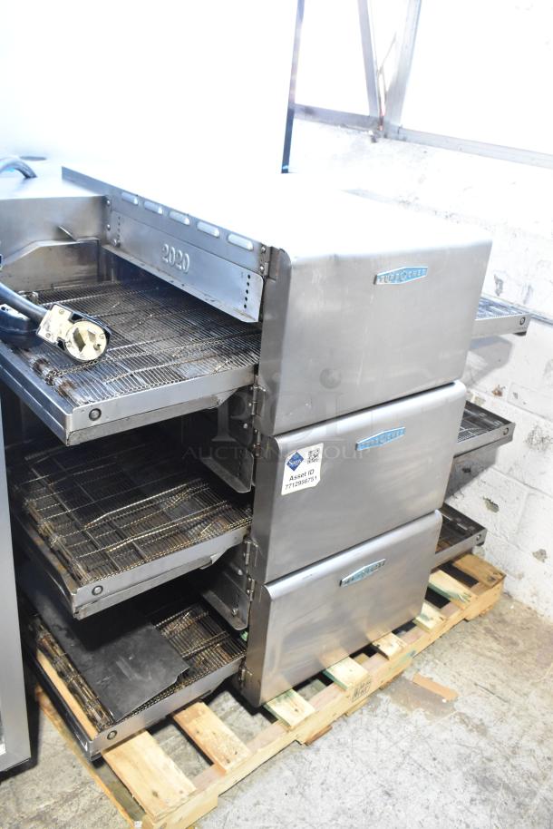 Three 2017 Turbochef HhC2020 stainless steel conveyor ovens, electric, 208/240V, 3-phase, on wooden pallet.