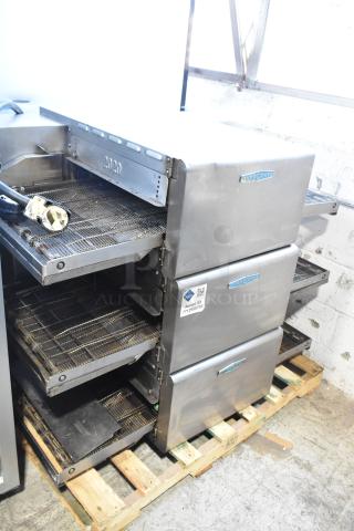 Three 2017 Turbochef HhC2020 stainless steel conveyor ovens, electric, 208/240V, 3-phase, on wooden pallet.