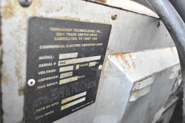 Turbochef HhC2020 stainless steel conveyor oven label, showing model, serial number, voltage, phase, and amperage details.