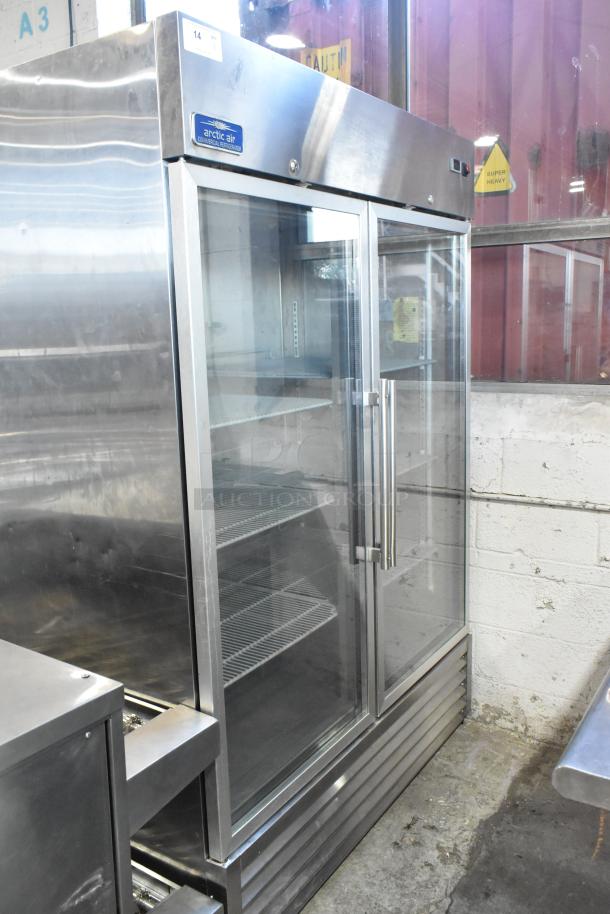 Arctic Air Stainless Steel Commercial 2-Door Cooler, glass doors, poly-coated racks, 115V, 1 phase, excellent condition.