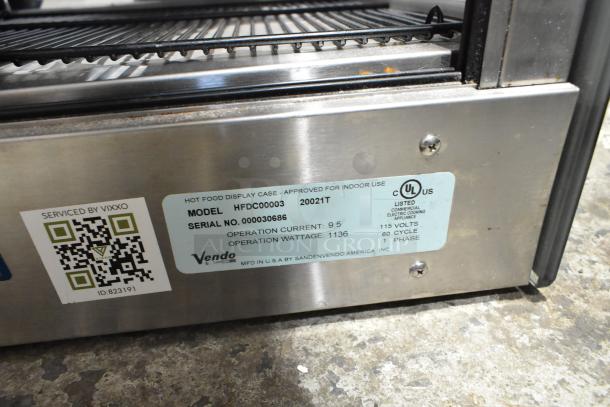 Vendo HFDC00003 metal heated display case, countertop model, 115 volts, 1 phase, serial number 000030686, serviced by Vixxo.