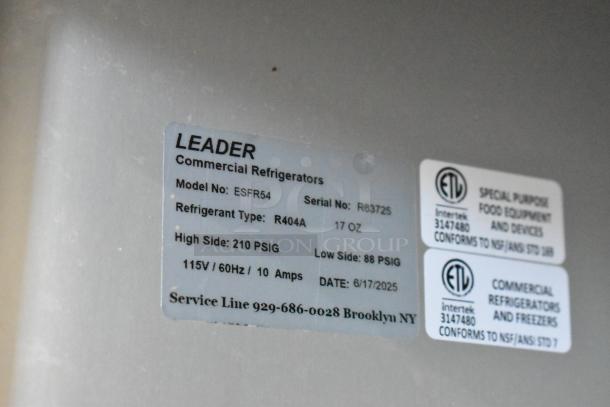 Leader ESFR54 commercial cooler tag showing model, refrigerant R404A, 115V, 60Hz, dated 6/17/2025.