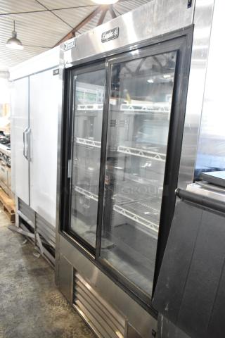 2017 Leader LS48SC metal commercial 2-door reach-in cooler merchandiser with poly-coated racks, 115 volts, 1 phase.