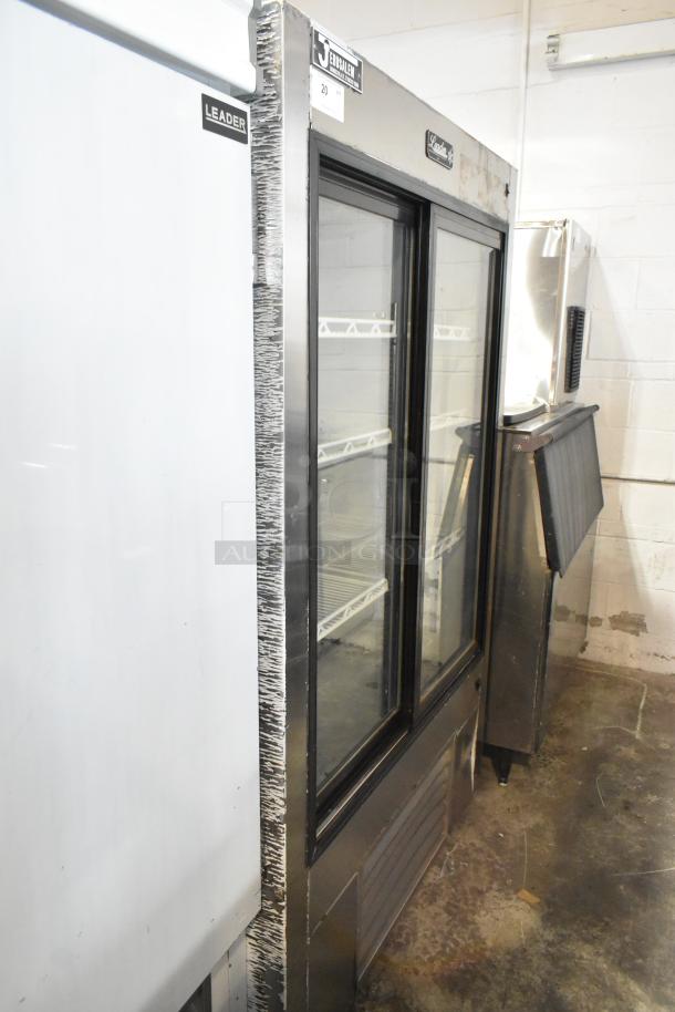 2017 Leader LS48SC metal commercial 2-door reach-in cooler with poly-coated racks, 115 volts, 1 phase. Visible Leader branding.