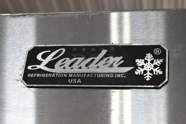 2017 Leader LS48SC metal cooler merchandiser, 2 doors, poly coated racks, 115V, 1 phase. Label reads "Leader Refrigeration USA".