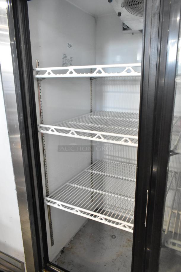 2017 Leader LS48SC metal 2-door reach-in cooler with poly coated racks, 115 volts, 1 phase, in good condition.
