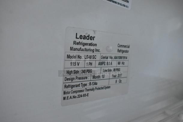 2017 Leader LS48SC Metal 2 Door Reach-In Cooler, Model LS48SC, 115V, with poly coated racks, commercial use.