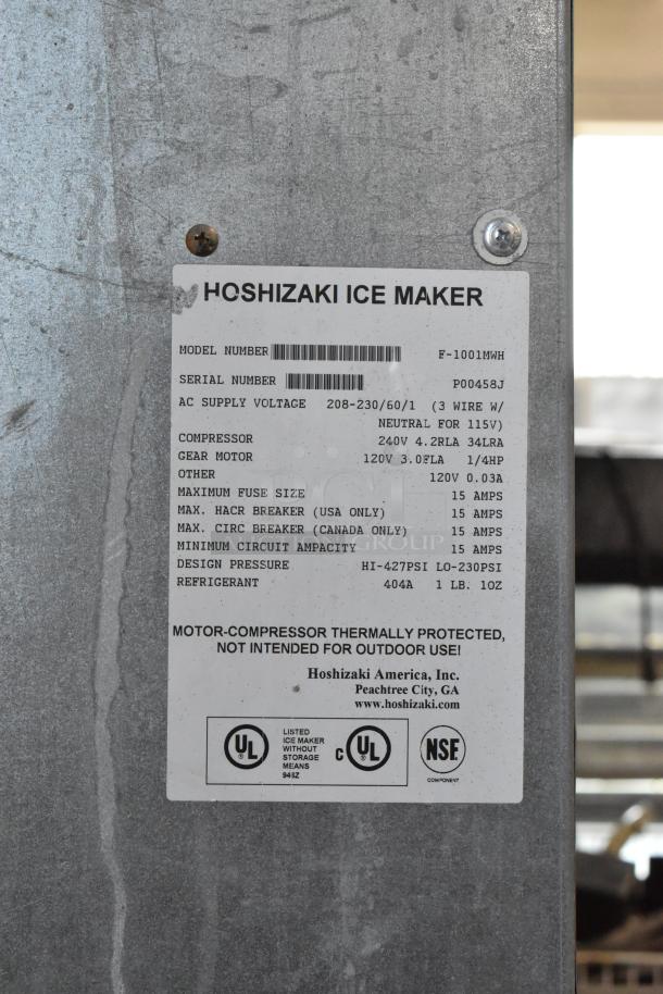 Hoshizaki F-1001MWH stainless steel ice head, commercial use, model label visible. 208-230V, 1 phase. UL and NSF certified.
