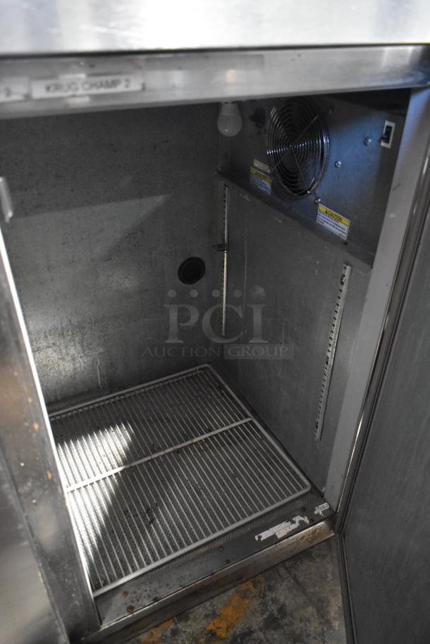 Beverage Air BB72 stainless steel commercial cooler interior, three doors, wiring visible, used condition, 115 volts.
