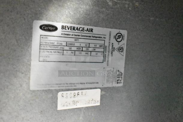Beverage Air BB72 stainless steel 3-door cooler label showing model BB72, 115V, 1-phase, and refrigerant details.