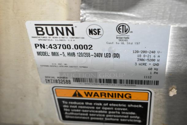 Bunn IMIX-5 stainless steel cappuccino machine label; 120/208-240V, 1 Phase, model details, and warnings visible.