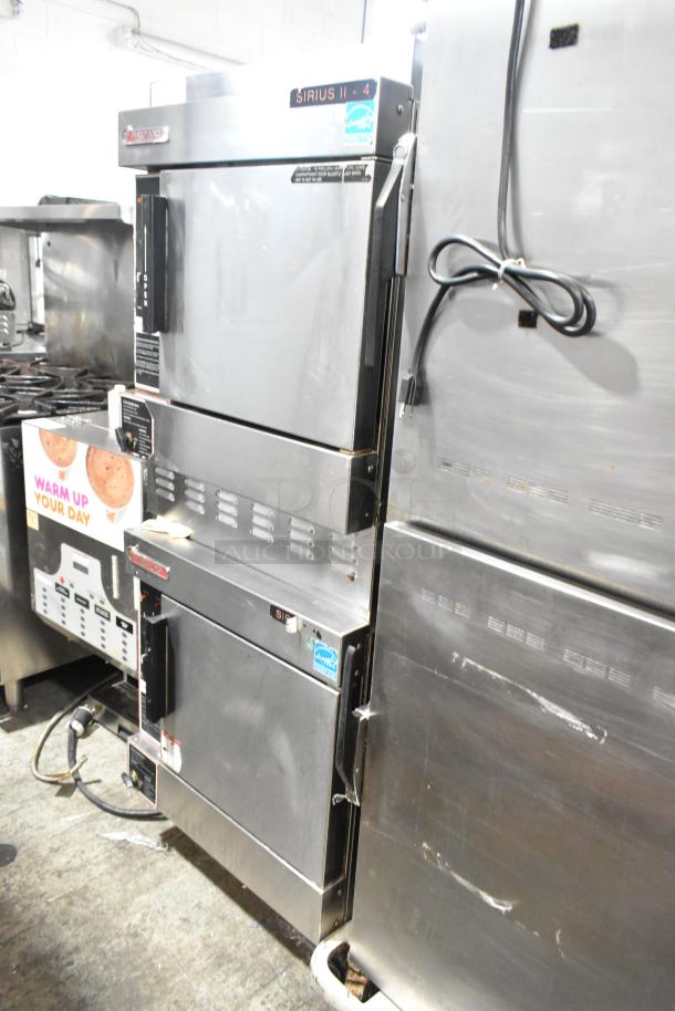 Market Forge stainless steel commercial steam cabinet, single deck, dual units, visible control panel, power cable attached.