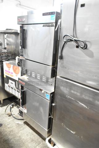 Market Forge stainless steel commercial steam cabinet, single deck, dual units, visible control panel, power cable attached.