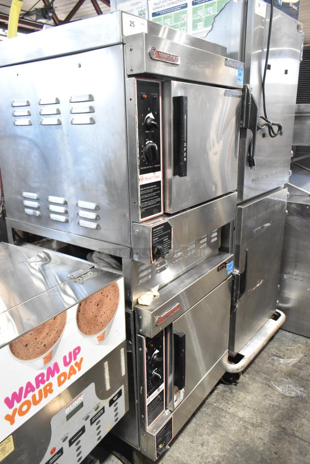 Market Forge stainless steel single deck steam cabinet, commercial grade, dual units, controls visible, used condition.