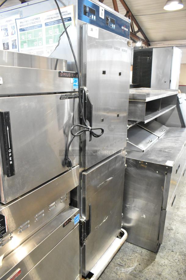 Alto Shaam 1200-UP stainless steel mobile 16 pan Dutch door holding cabinet with casters, 120V, 1 phase.