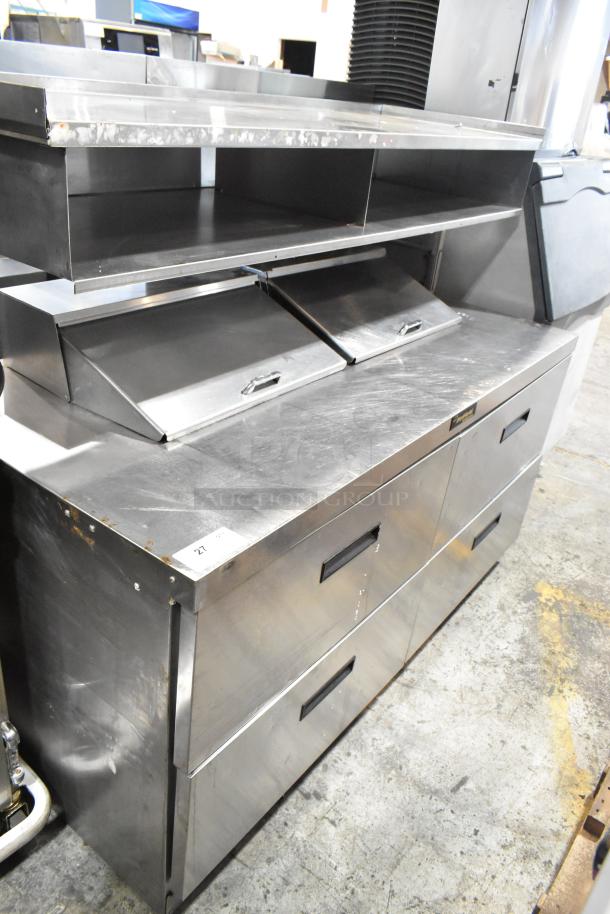 Delfield stainless steel commercial sandwich salad prep table with bain marie mega top, 4 drawers, and overshelf. 115 volts, 1 phase.