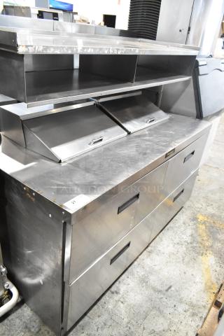 Delfield stainless steel commercial sandwich salad prep table with bain marie mega top, 4 drawers, and overshelf. 115 volts, 1 phase.