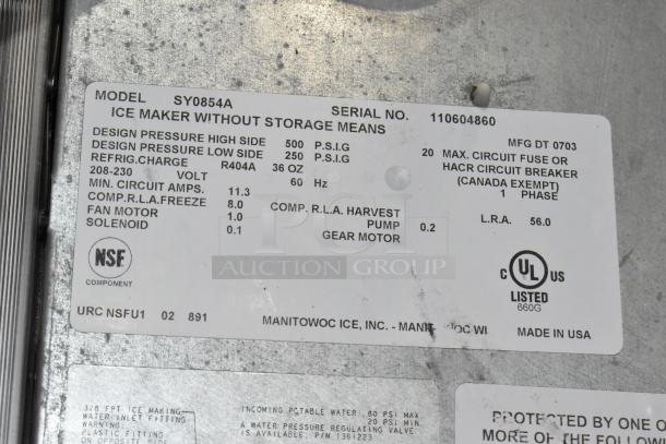Manitowoc SY0854A stainless steel commercial ice head with bin, 208-230V, 1 phase; model label details specs.
