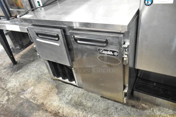 2017 Leader LB36S/C stainless steel 2-door undercounter cooler on casters, commercial grade, 115 volts, 1 phase, visible branding tag.