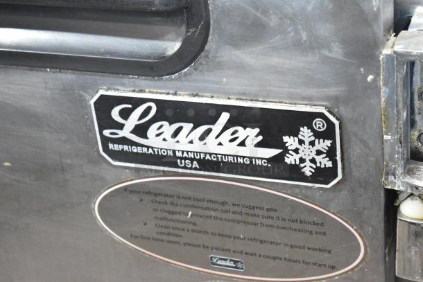 2017 Leader LB36S/C stainless steel 2-door undercounter cooler, commercial casters, 115 volts, 1 phase, branded label.