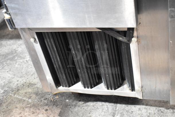 2017 Leader LB36S/C stainless steel commercial 2-door undercounter cooler, visible detail on airflow vent, on casters.