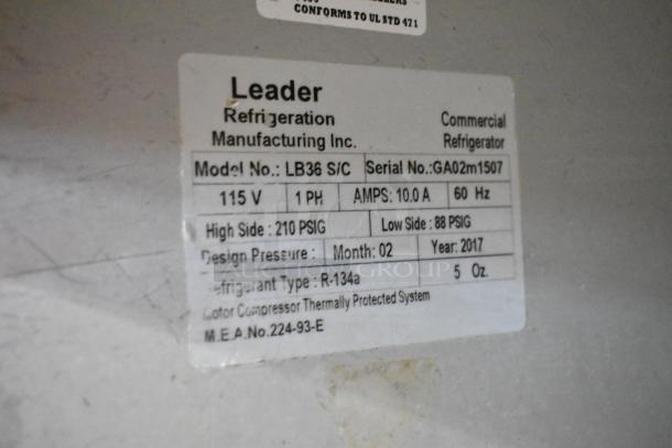 2017 Leader LB36S/C stainless steel 2-door undercounter cooler label. Features 115V, 1 phase, 10A, R-134a refrigerant.