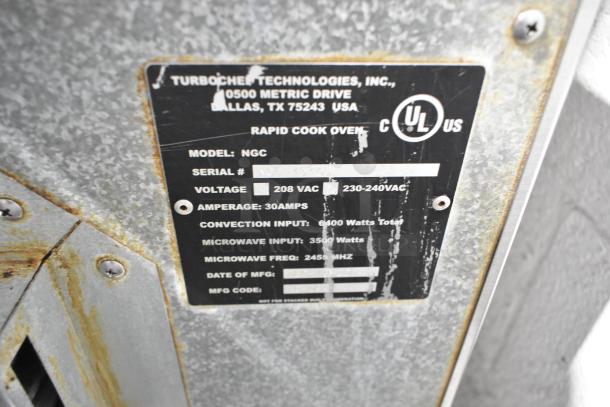 Turbochef NGC stainless steel rapid cook oven label, 208/240V, 30A, convection input 6400W, microwave input 3500W.