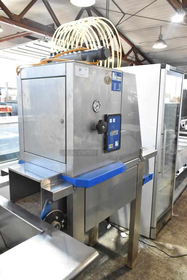 Pokomat P16/320 SI metal brine meat injection machine, floor style, on casters, 220 volts, gauge and control panel visible.
