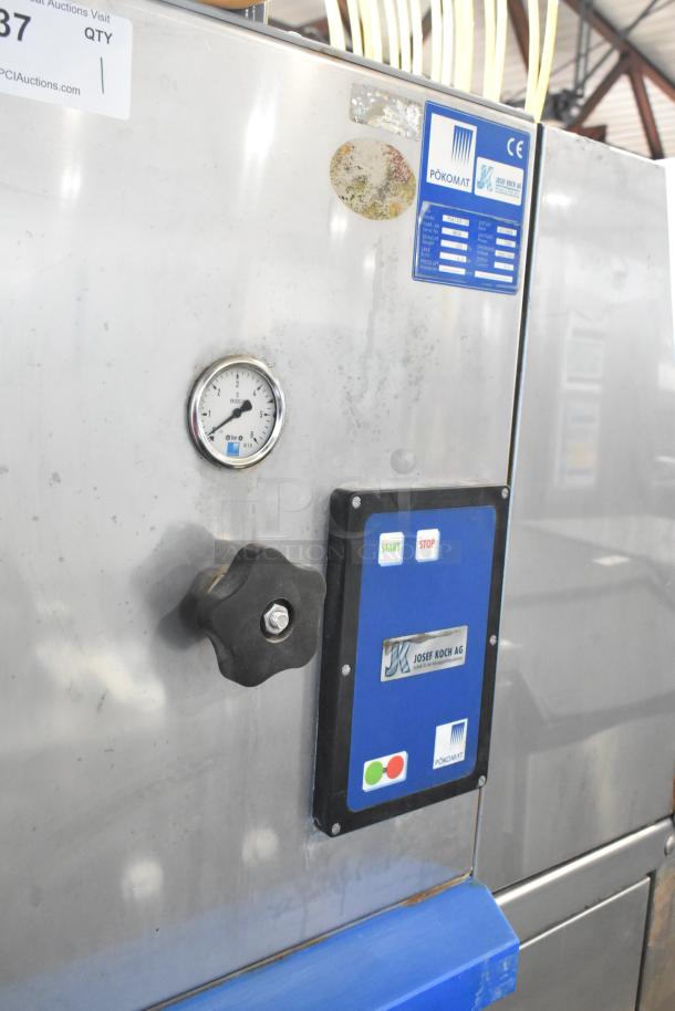 Pokomat P16/320 SI Brine Meat Injection Machine, metal, commercial floor style, on casters, 220V, control panel and gauge visible.