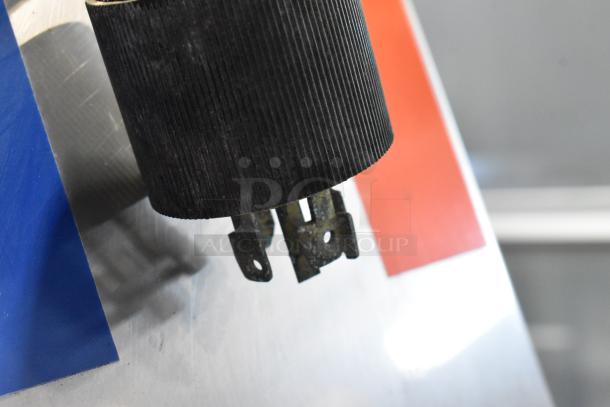 Pokomat P16/320 SI metal brine meat injection machine close-up, featuring power connector; used condition.