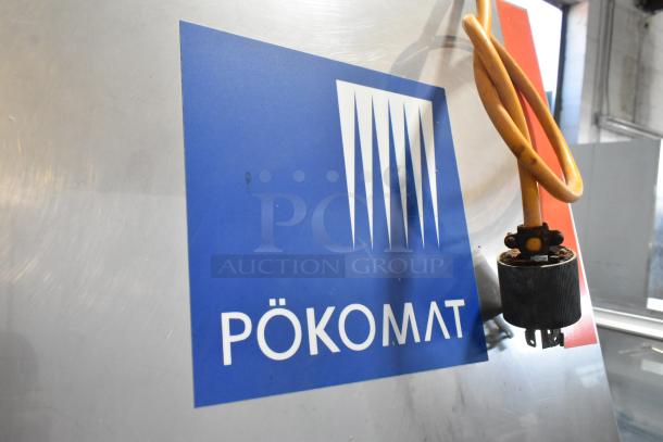 Pokomat P16/320 SI metal commercial brine meat injection machine, floor style, on casters, 220 volts, Pokomat logo visible.