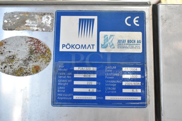 Pokomat P16/320 SI brine meat injector, metal, 220V, 1500W, commercial casters, serial 4616, dated 07/2004.