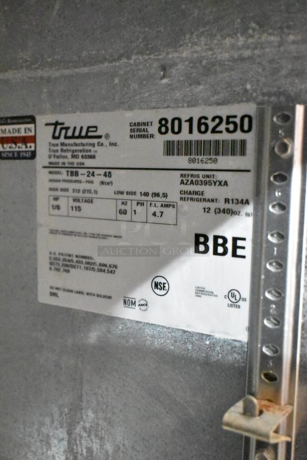 True TBB-24-48 2 Door Undercounter Cooler, metal, 115 volts, 1 phase, serial number 8016250, refrigerant R134A.