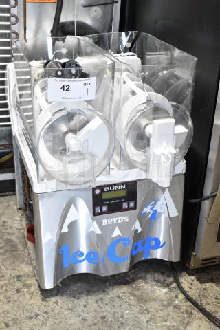 Bunn stainless steel commercial 2 hopper slushie machine, no lids, Boyd's branding, 115 volts, 1 phase, countertop model.